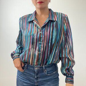 Vintage 80s / ALIA Multicolored Striped Shimmery Button Up Shirt - Size L
